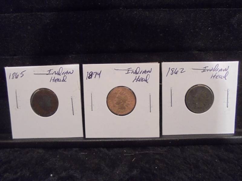 Lot - Indian Head Pennies, 1862, 1874, 1865