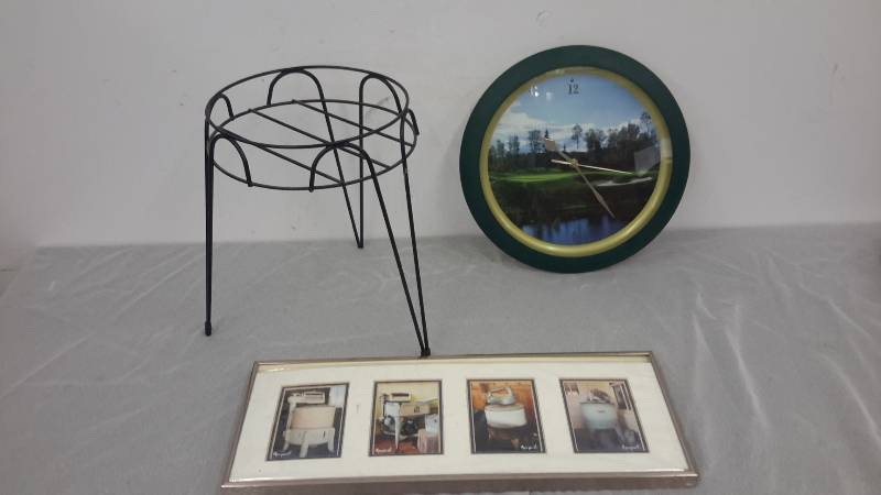 Clock, plant stand, vintage washing machine frame