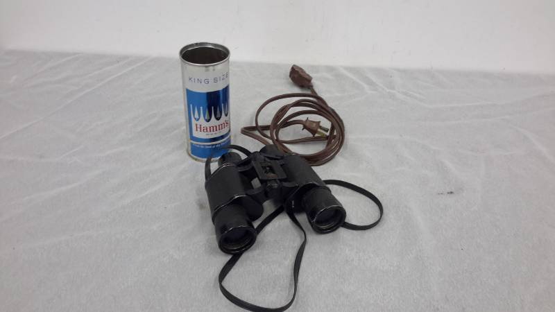 Hamms can, binoculars, household cord