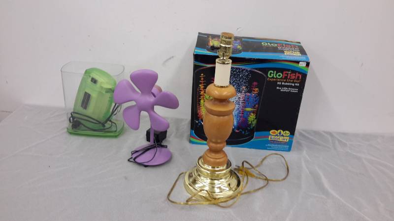 Fan, lamp, aquariums, and supplies