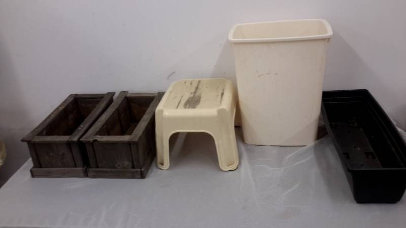Planters, trash can, step stool