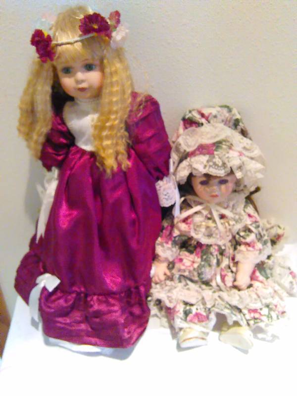 lot 59 image: 2 Dolls, Porcelain faces legs, and hands, vintage inspired.