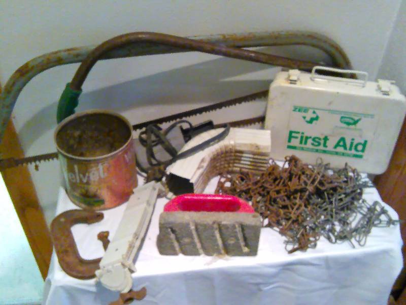 lot 74 image: Vintage Bow Saws, vice, heater and more