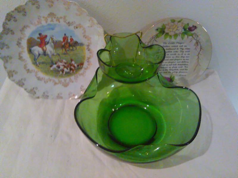 lot 147 image: Vintage Green Glass Chip and Dip Server and more