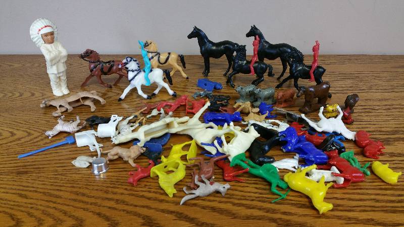 lot 43 image: Large Group of Cowboys, Indians, Very Old Farm Animals