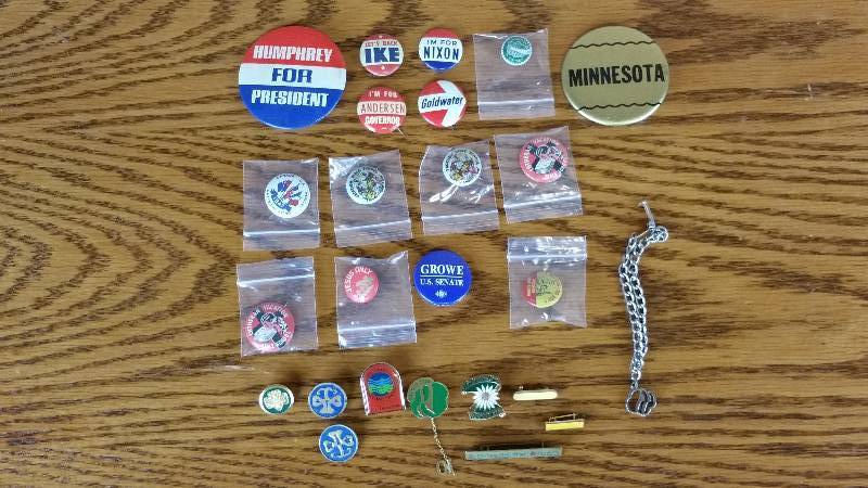lot 82 image: Group of Vintage Pins Nixon, Humphrey, Girl Scouts, VBS, Etc.