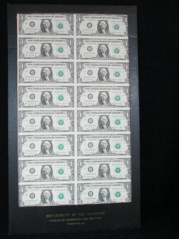 lot 101 image: Uncut Sheet One Dollar Bills