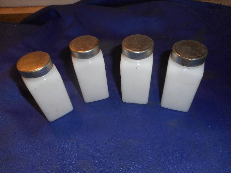 4 VINTAGE MILK GLASS SPICE BOTTLES