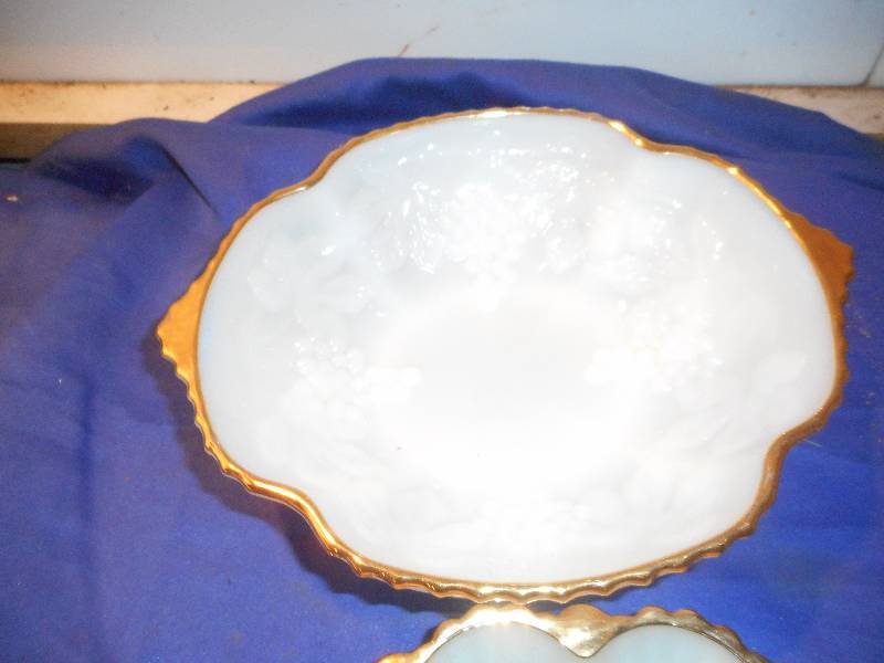 MILK GLASS EGG TRAY AND FRUIT BOWL