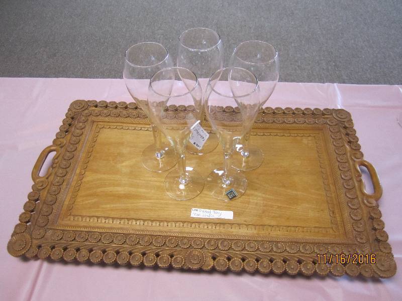 Wood tray made in India and Champag...