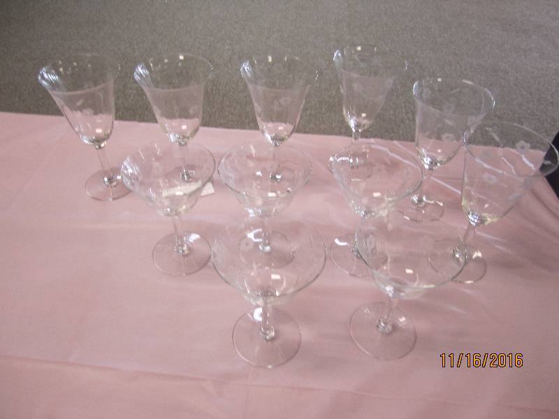 Antique etched glass goblets and sh...