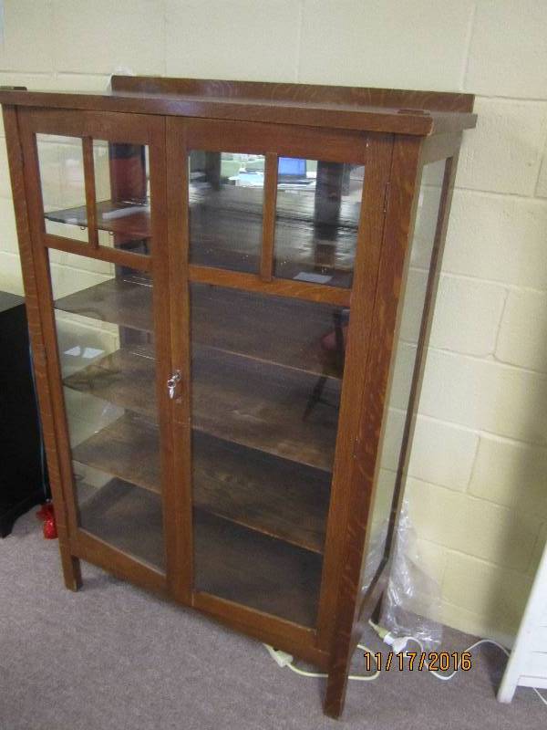 Antique oak glass cabinet, top shel...