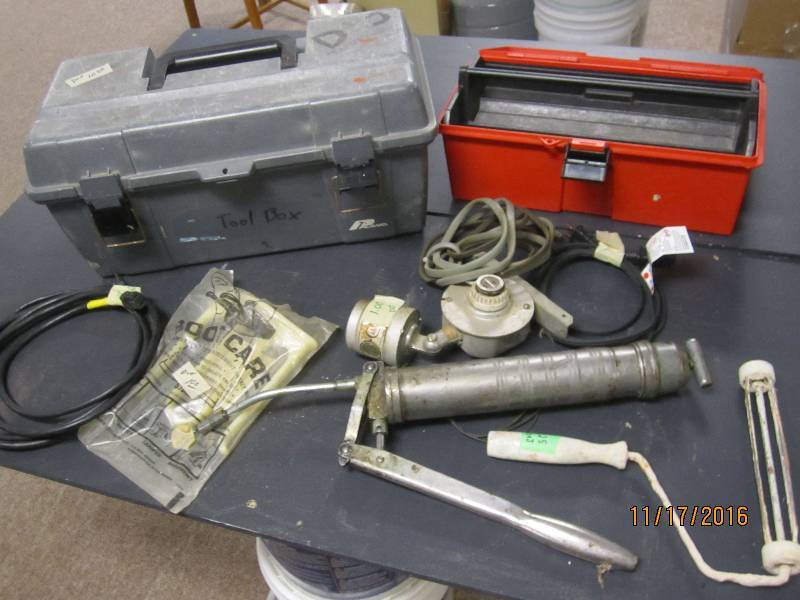 Tool boxes and hand tools, grease g...