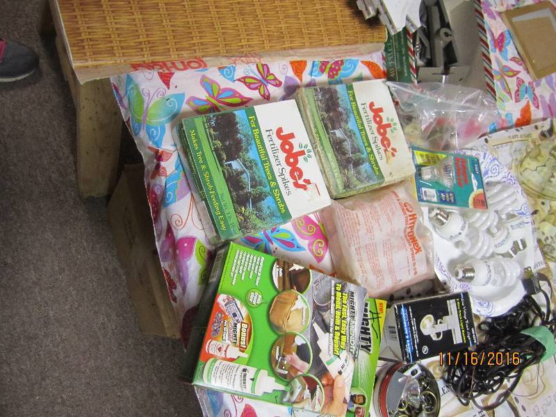 Lot of gardening items, light bulbs...