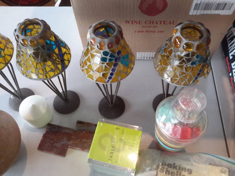 4 stained glass Votive candle holders, Martini Shaker with plastic ice cubes, other items as shown
