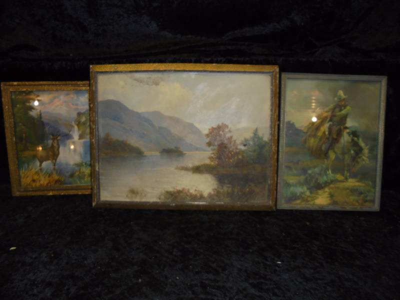 lot 45 image: Lot - (3) Vintage Pictures - Deer, Horse, Mountains (has Liverpool tag on back)