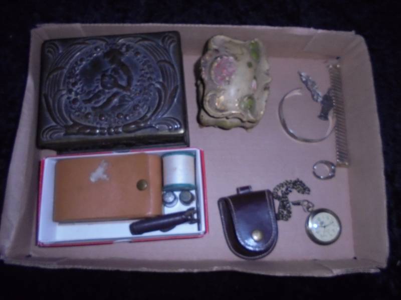 lot 50 image: Lot - Metal Tinket Box, Pocket Watch, misc