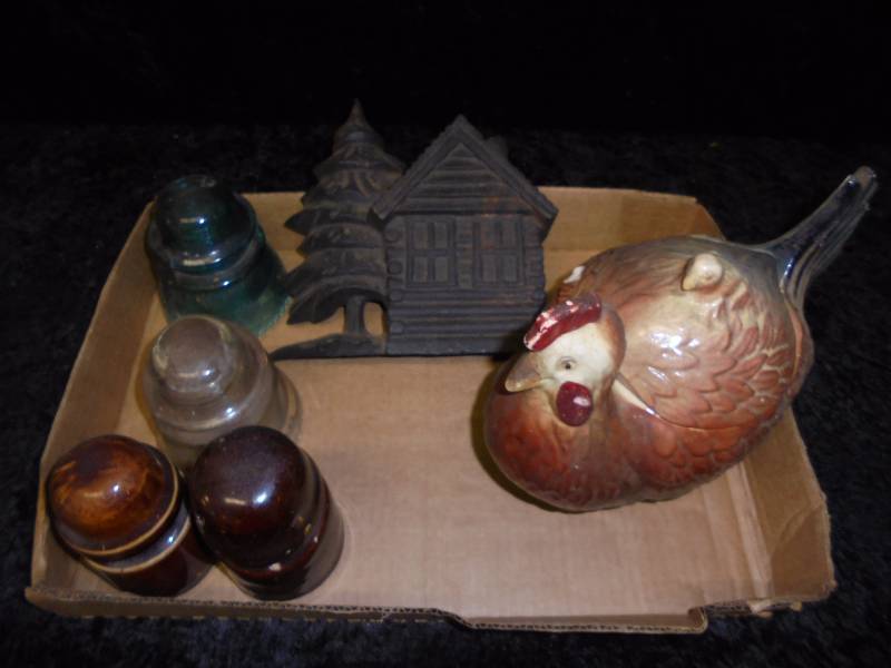 lot 51 image: Lot - Cast Cabin Door Stopper, Insulators, Rooster Jar (Has chip)