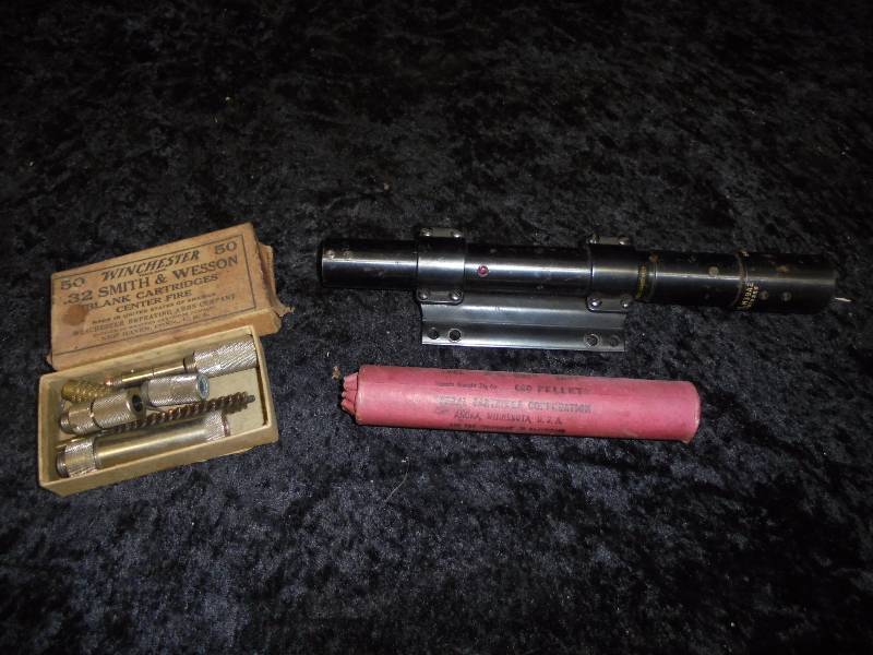 lot 43 image: Lot - WWII Scope, Vintage Winchester Ammo Box, XL Rifle Shot