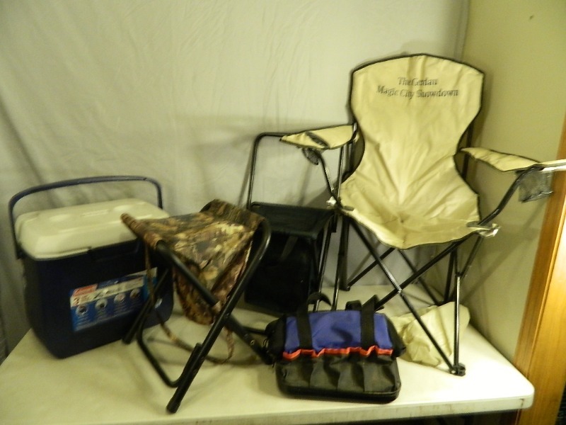 lot 22 image: Coleman Cooler, Folding Chairs, Etc
