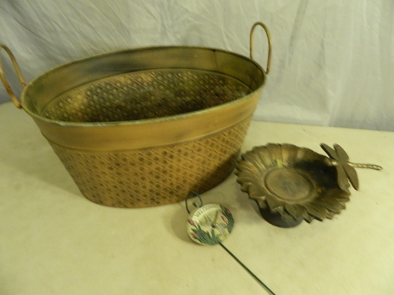 lot 72 image: Metal Tub, Cast Iron Dragonfly Birdbath, and More