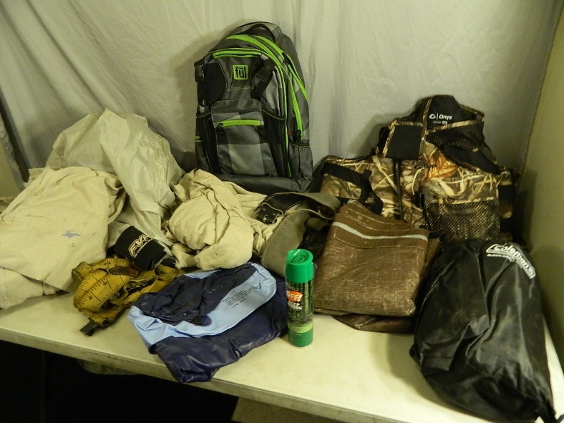 lot 104 image: Camo Life Jacket, Canvas Drop Cloths, and More