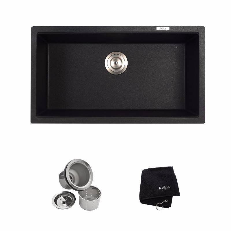 lot 87 image: Kraus KGU-413B 31 inch Undermount Single Bowl Black Onyx Granite Kitchen Sink never used
