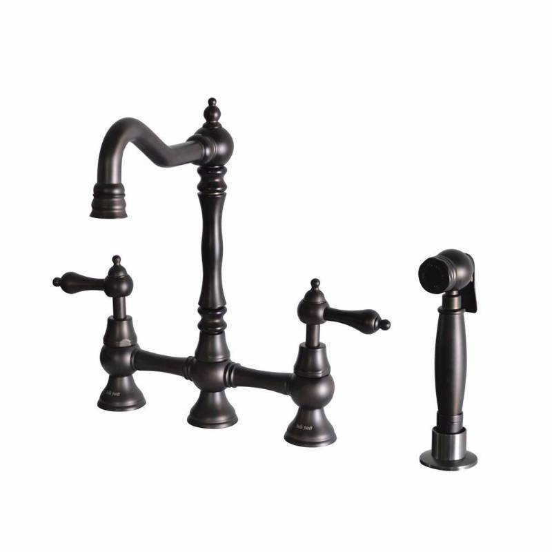lot 119 image: Belle Foret OB-WH27215 2-Handle High-Arc Bridge Kitchen Faucet with Metal Lever Never Used