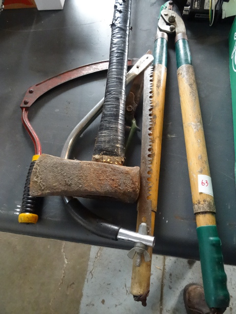 lot 63 image: Splitting Maul, Hand Scythe, Bow Saw