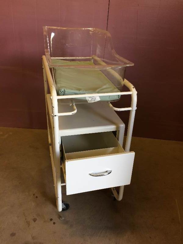 lot 4 image: Medical Center Hospital Pediatrics Baby Bassinet Crib with Removable Pad Metal Frame Rolling Cart With Drawer - Plastic Lexon Cradle & Pad Excellent - Frame needs repainting.