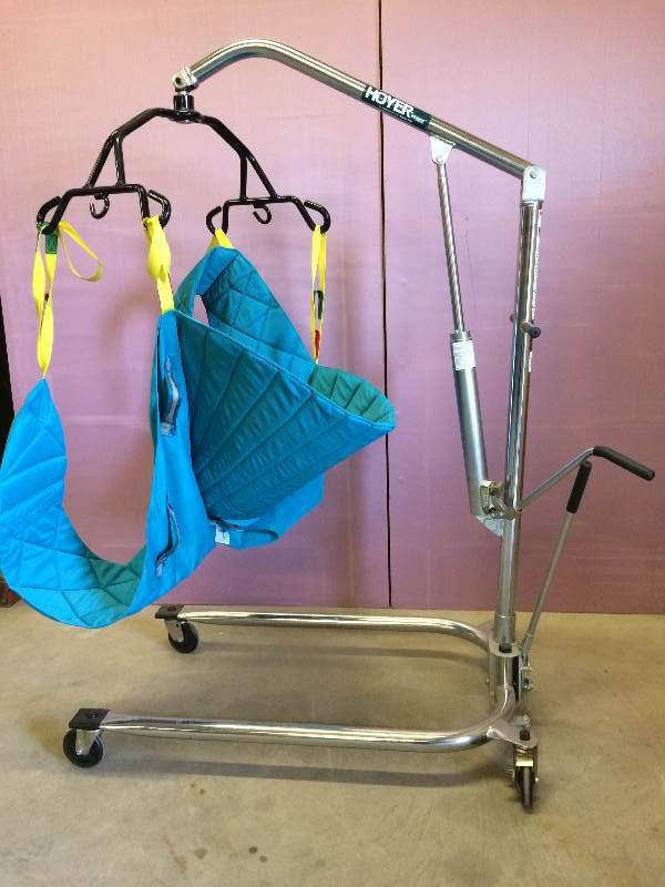 lot 25 image: $$$ Sunrise Medical Mobile Hoyer Crank Hydraulic Medical Bedside Patient Lift w Sling oN Wheels Model C-HIA - Excellent Condition - SilverBlue - Can Be Used As A Lift For Many Things