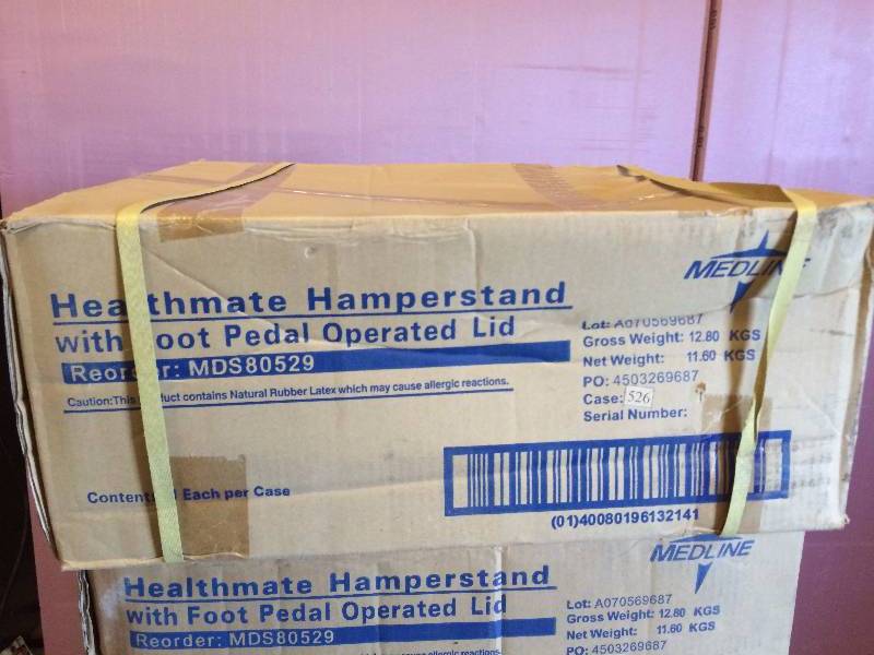 lot 47 image: New In Box Retails $100 Medline Healthmate 18 Chrome Plated Steel Hamperstand Medical Clinic Or Restaurant Kitchen Towels Robes Hamper Stand With Foot Pedal