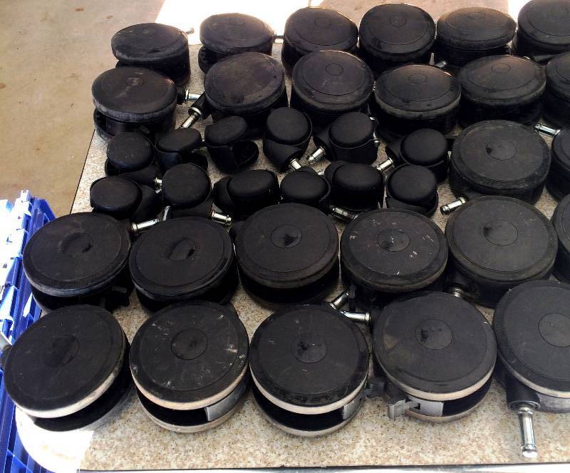 lot 37 image: Large Lot Of Heavy Duty Plastic & Metal Wheels Casters With Foot Release Brakes