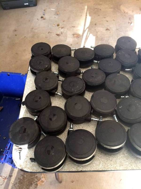 lot 38 image: Large Lot Of Heavy Duty Plastic & Metal Wheels Casters With Foot Release Brakes