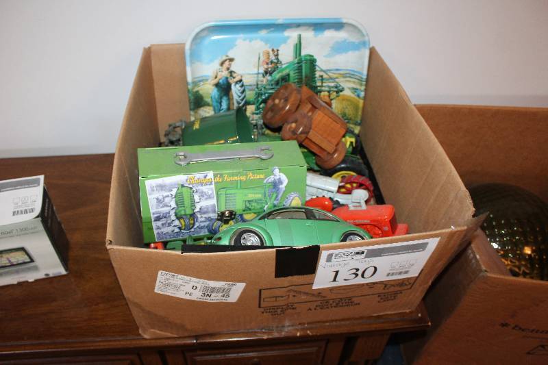 lot 130 image: Box Lot of Vintage Toys Including Cars, Tractors, And More