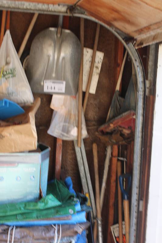 lot 144 image: Wall & Corner Lot Including Yard Tools, Tarps, Shovels, Area Rug, And More