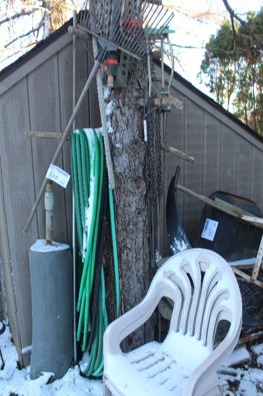 lot 188 image: Lot of Lawn & Garden Equipment Includes Hose, Rake, Edging, Pots, Chain, Chairs, And More