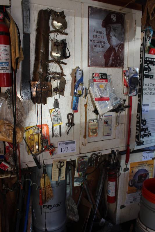 lot 173 image: Cupboard Lot Includes Tools, Hardware, Fire Extinguisher, And More
