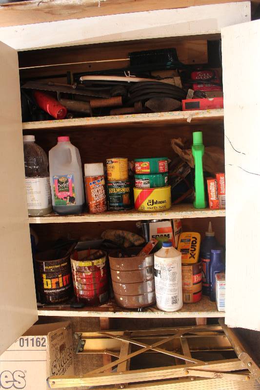 lot 166 image: Contents of Cabinet Including Tools, Automotive Fluids, And More