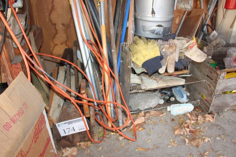 lot 174 image: Floor Lot Includes Tools, Wire, Gloves, And More