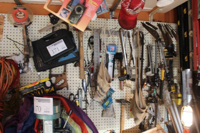 lot 171 image: Cupboard Lot Includes Tools, Hardware, Extension Cords, And More