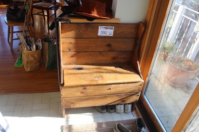 lot 201 image: Wood Flip Bottom Entry Bench w Seat Back