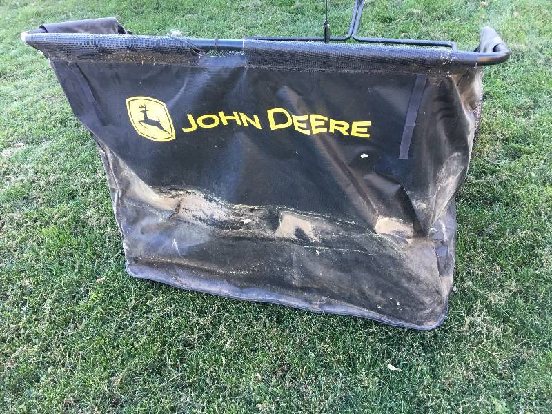 lot 213 image: John Deere 42 in. 24 cu. ft. Tow-Behind Lawn Sweeper retail $349