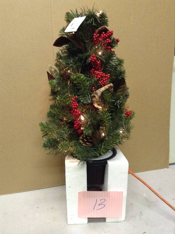 lot 13 image: 32 in. Pre-Lit Natural Pine Potted Artificial Christmas Tree with Pinecones