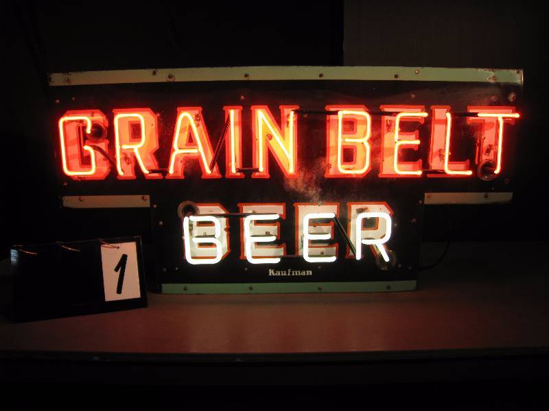 lot 1 image: Grain Belt T porcelain neon sign, nice old porcelain sign, great condition, original can, new neon and transformer