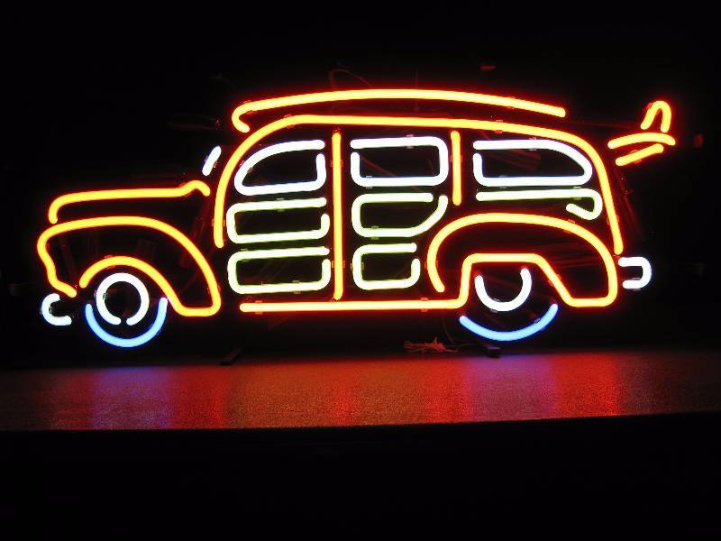 lot 6 image: Ford woodie car neon sign. Unique, very cool. Beautiful four-color sign.