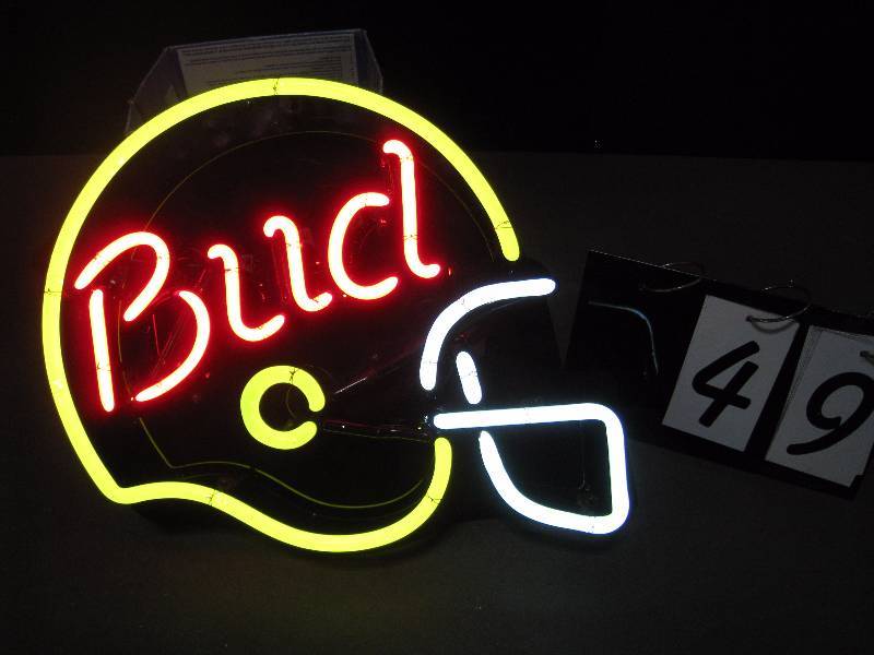 lot 49 image: Bud football helmet neon sign. Wall hanger only.