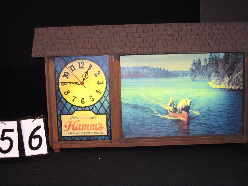 lot 56 image: Hamms Beer lighted sign with clock, has Earl and Sasha in a canoe, everything works