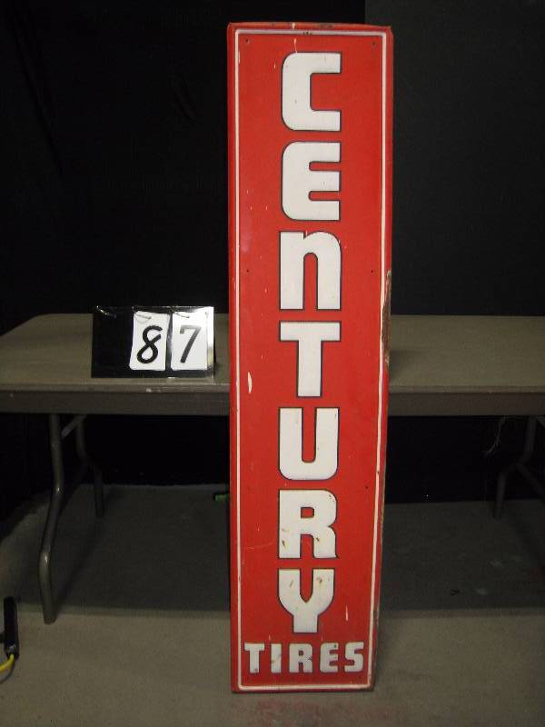 lot 87 image: Century Tires heavy tin sign, original old sign.