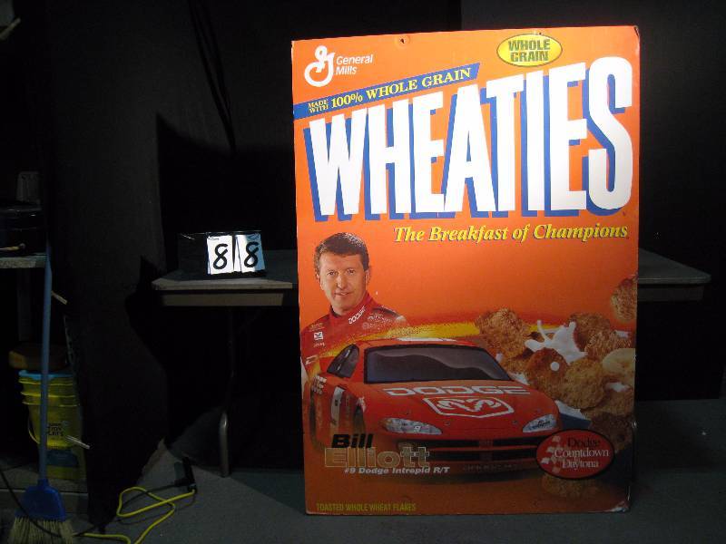 lot 88 image: Wheaties Cereal box stand up Gatorfoam display, features Bill Elliot - Nascar driver, easel back